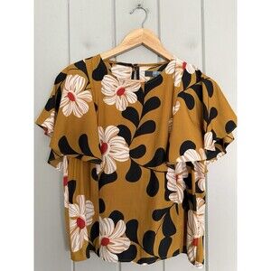 Eva Franco Anthropologie Top 4 Ikebana Floral Satin Blouse Ruffled Sleeves Gold